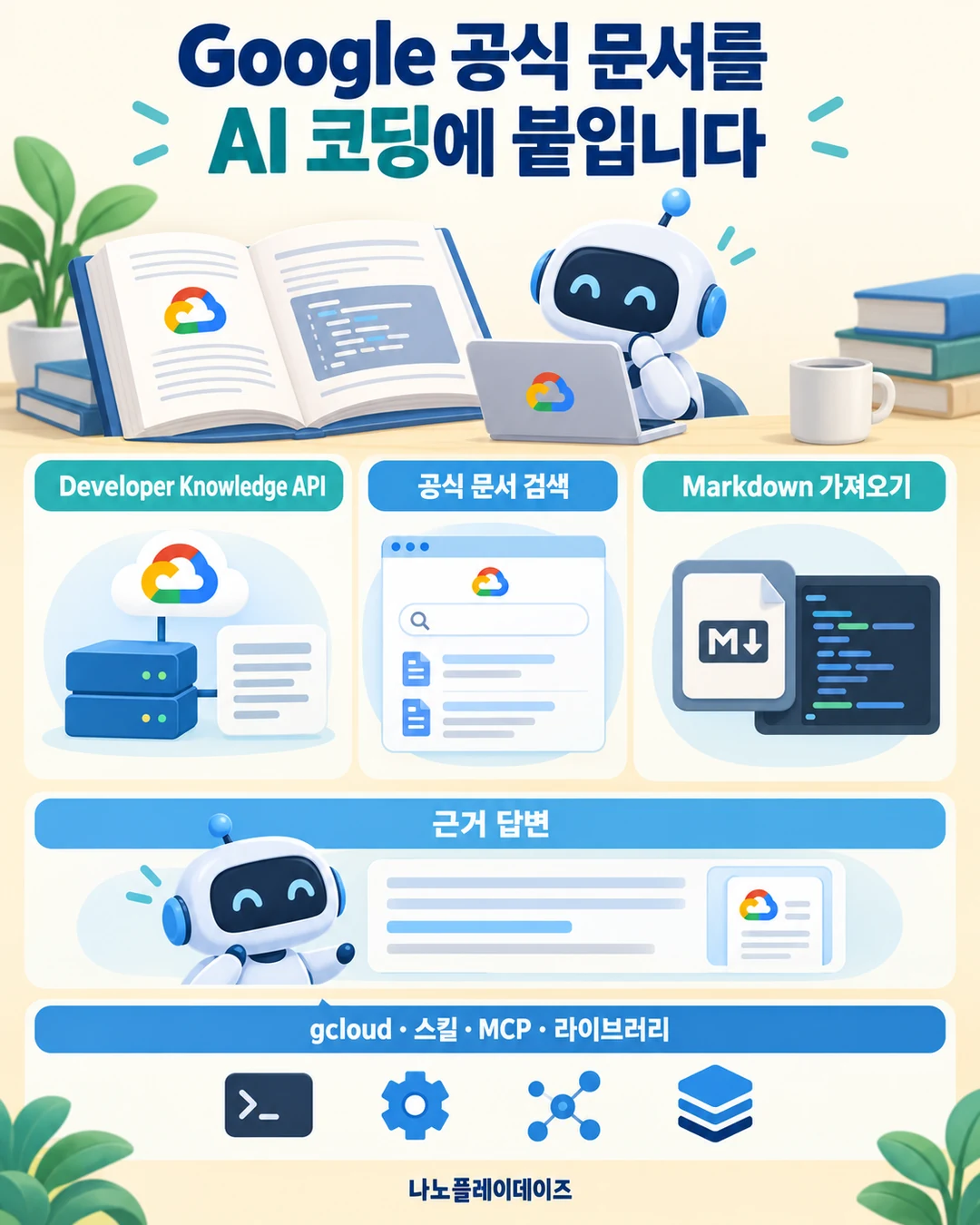 공식 문서 책과 코딩 도우미, 문서 검색·Markdown 가져오기·근거 답변을 보여 주는 삽화