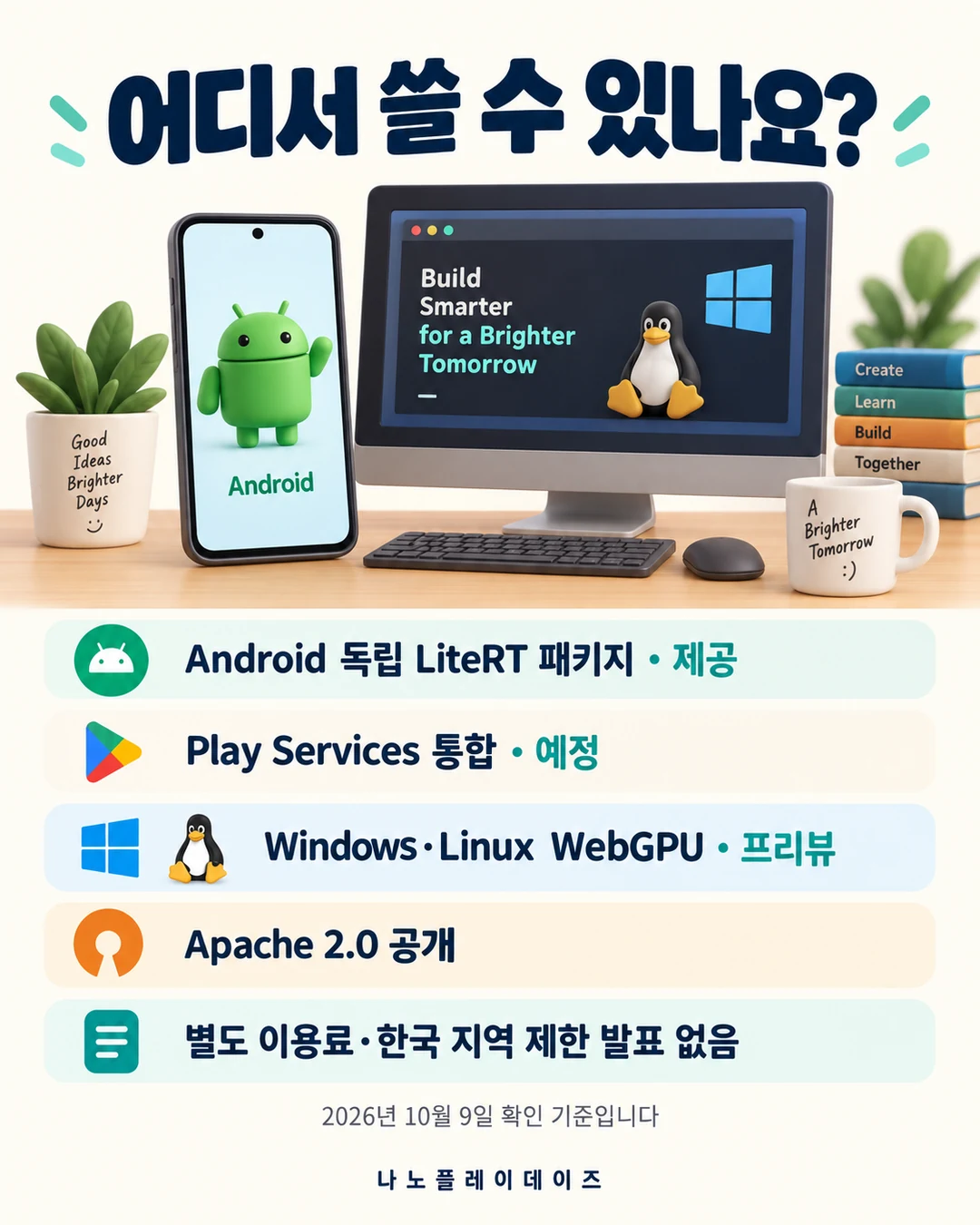 스마트폰과 데스크톱 아래에 Android 독립 패키지 제공, Play Services 통합 예정, Windows·Linux WebGPU 프리뷰와 라이선스 조건을 나열한 카드