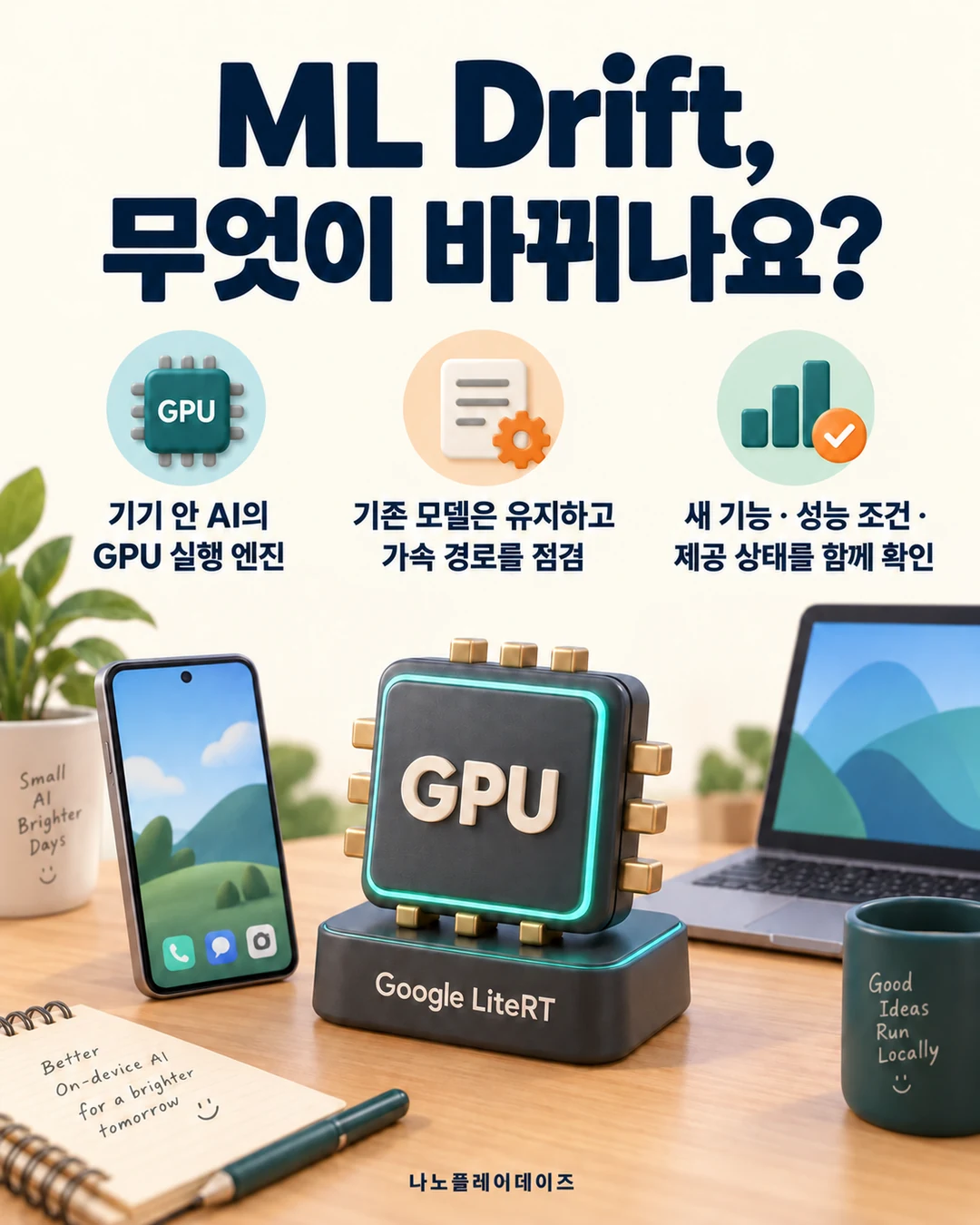 GPU 칩과 스마트폰·노트북 옆에 기기 내 실행 엔진, 기존 모델 유지, 성능 조건과 제공 상태를 요약한 카드