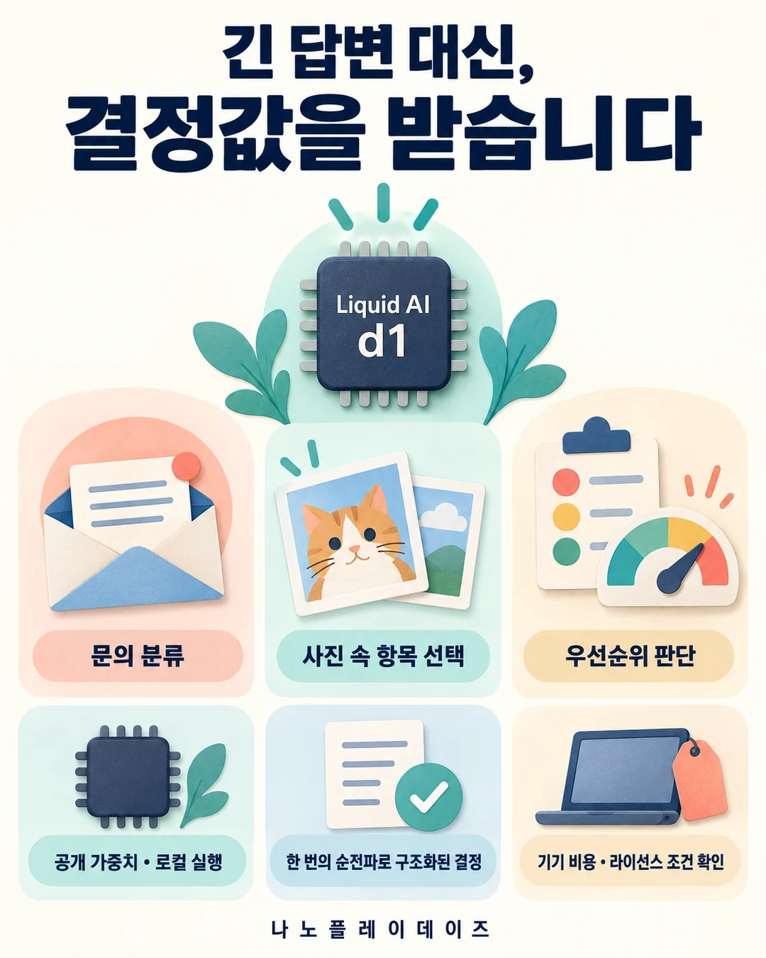 문의 봉투·고양이 사진·우선순위 계기판과 로컬 결정 모델을 보여 주는 삽화