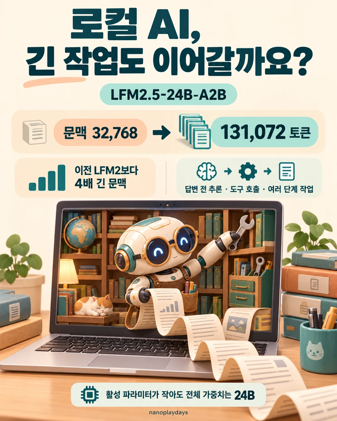 이전 모델의 32,768토큰에서 131,072토큰으로 늘어난 문맥과 추론·도구 호출을 설명한 카드