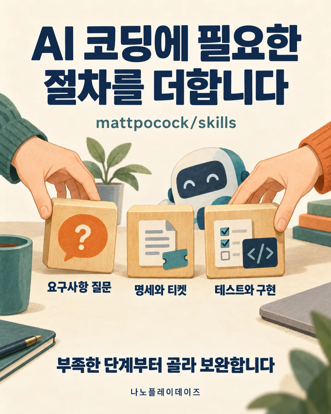 질문·명세와 티켓·테스트와 구현을 표현한 나무 타일과 작은 로봇