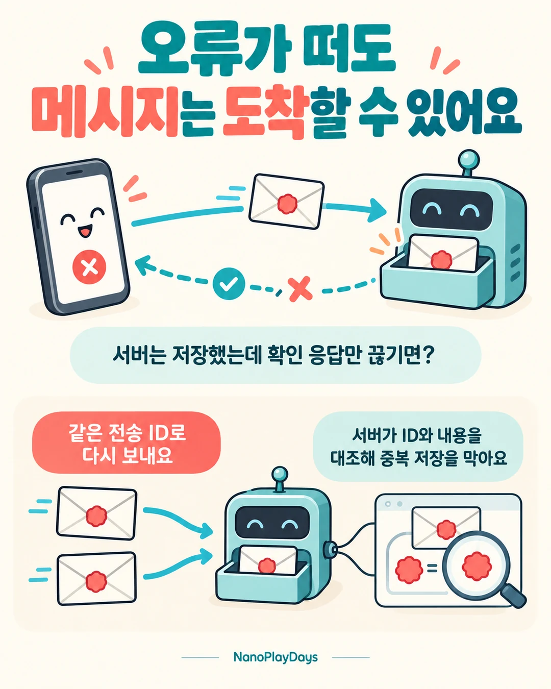 확인 응답이 끊긴 휴대폰과 이미 봉투를 받은 로봇, 같은 전송 ID로 중복 저장을 막는 과정