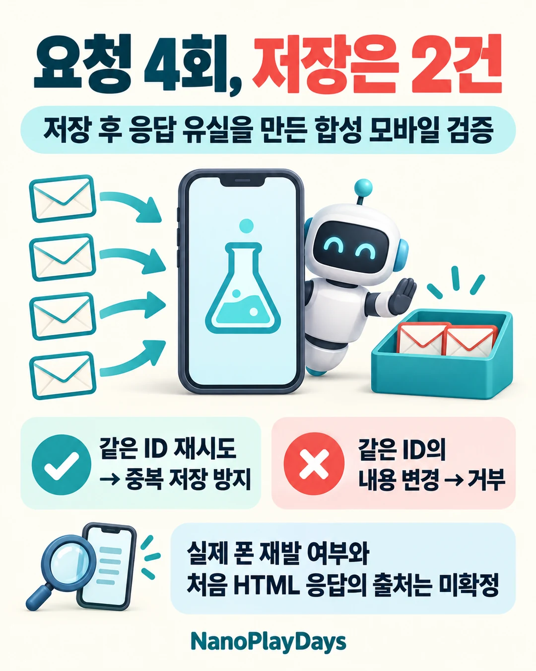 합성 모바일 시험의 전송 네 번과 저장 두 건, 같은 ID의 재시도와 내용 변경 거부를 비교한 카드