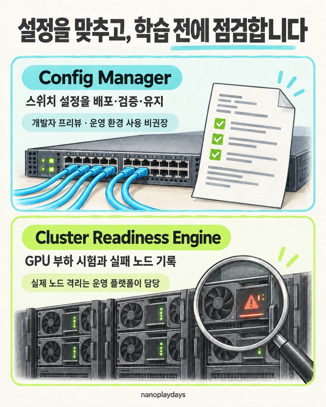 Config Manager의 스위치 설정과 개발자 프리뷰 조건, Cluster Readiness Engine의 GPU 부하 시험과 실패 노드 기록을 설명하는 카드