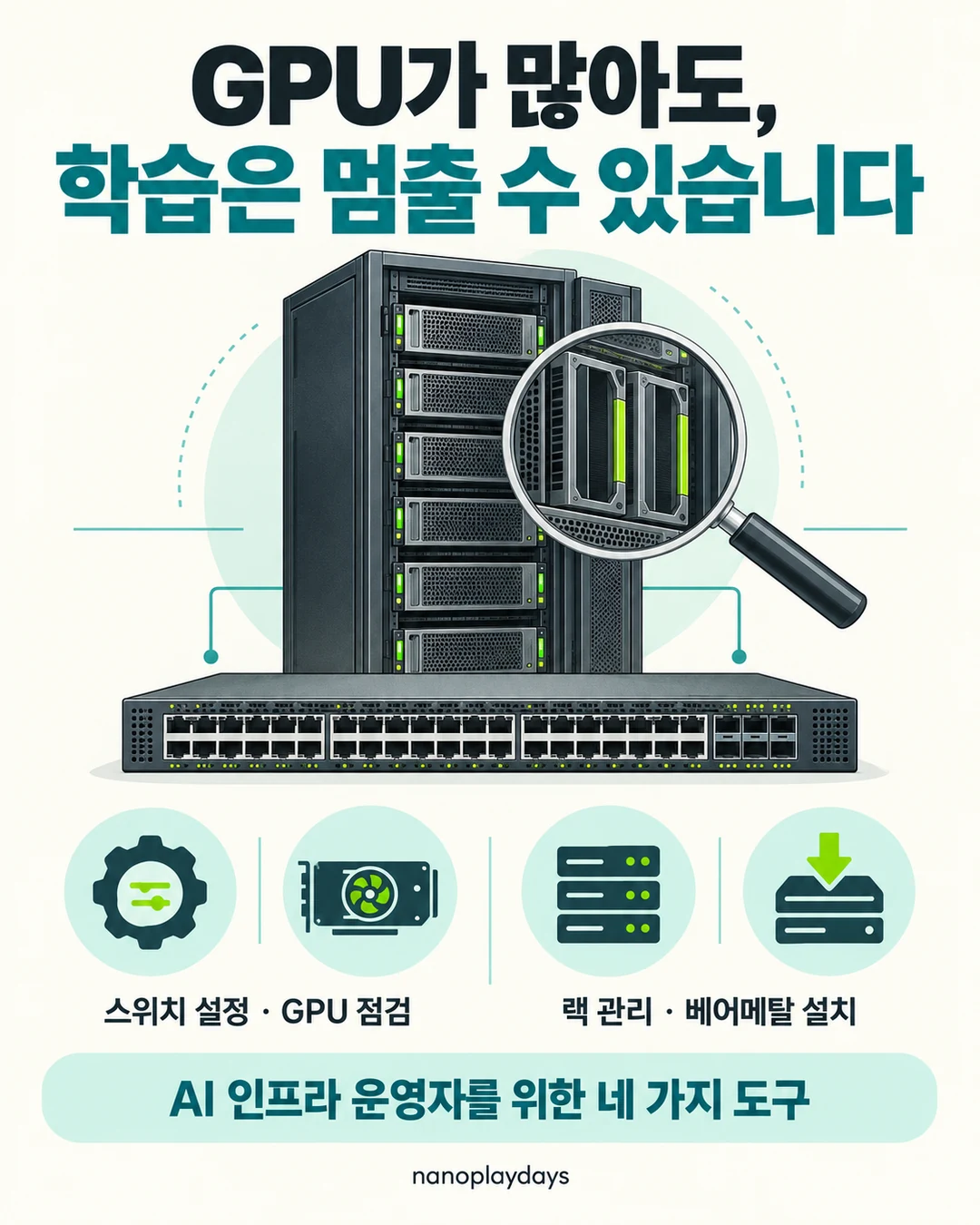 GPU 서버와 돋보기, 스위치 설정·GPU 점검·랙 관리·베어메탈 설치 네 운영 영역을 보여주는 카드