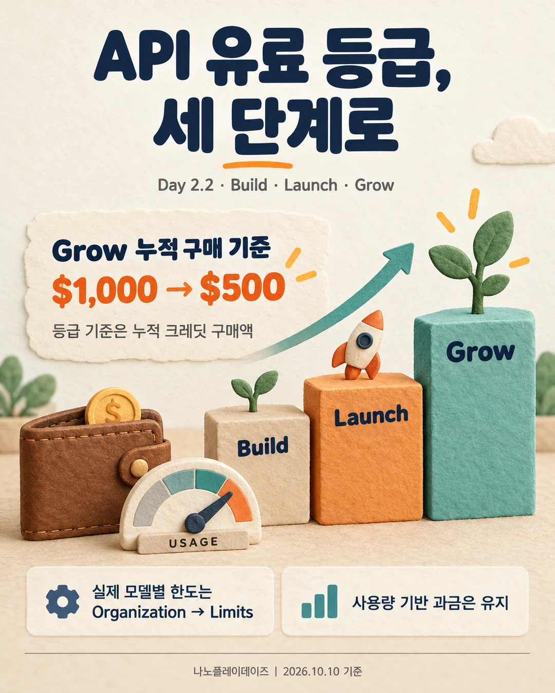 Build·Launch·Grow 계단과 $1,000에서 $500으로 낮아진 기준 일러스트