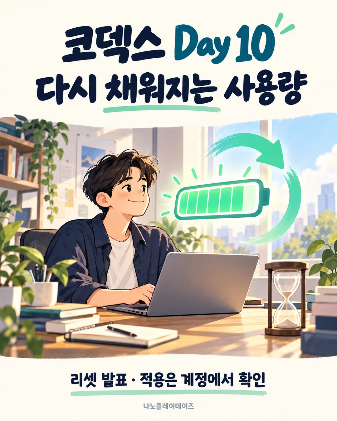 노트북으로 돌아온 사용자의 옆에서 사용량 계기판이 다시 채워지는 개념 그림