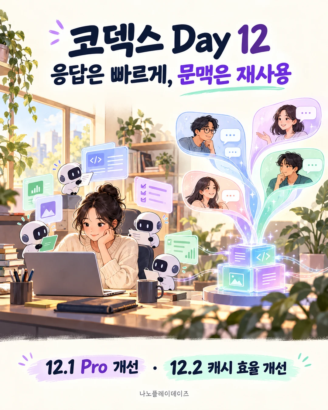 여러 작업을 돕는 작은 로봇과 대화 문맥을 같은 블록에서 재사용하는 개념 그림
