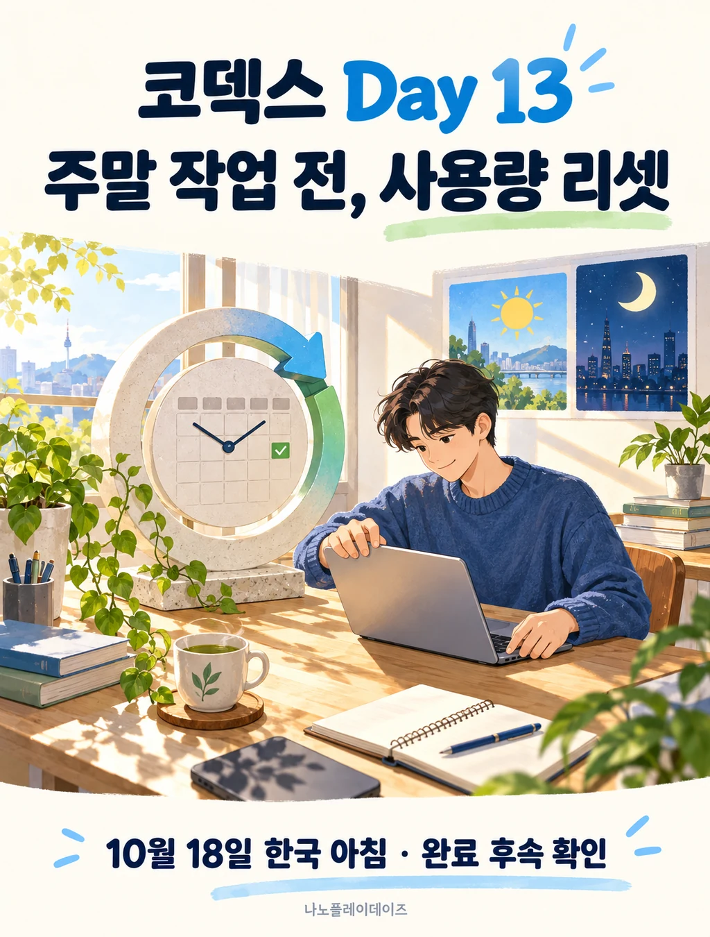 주말 아침 노트북을 여는 사용자와 순환 화살표·달력 시계로 표현한 리셋 개념 그림