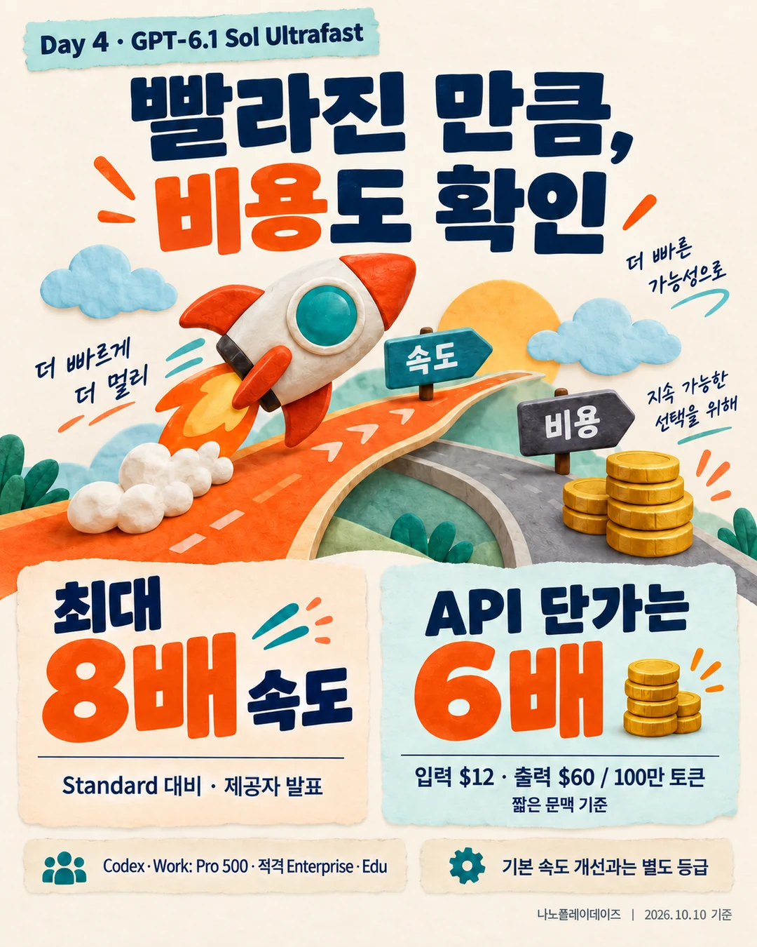 로켓과 속도·비용 갈림길, 8배·6배 숫자 일러스트