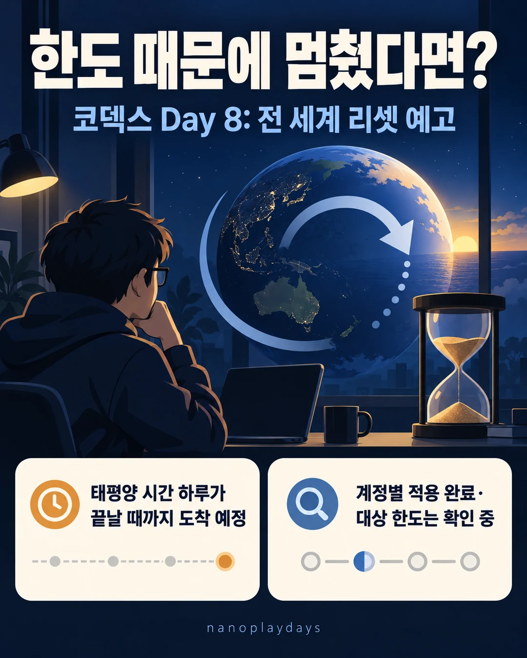 태평양 시간 하루가 끝날 때까지 도착할 예정인 Day 8 전 세계 리셋과 계정별 적용 완료·대상 한도 확인 중임을 알리는 카드