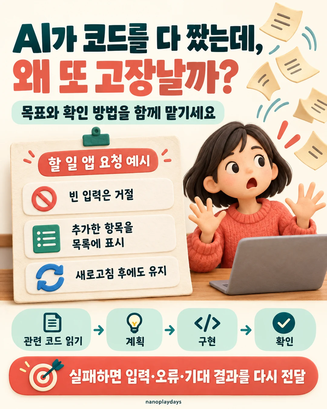 할 일 앱의 빈 입력 거절, 목록 표시, 새로고침 후 유지 조건과 관련 코드 읽기, 계획, 구현, 확인 흐름을 설명한 카드