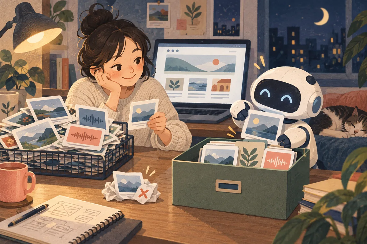 그림 속 사람이 이미지 카드를 살펴보는 동안 작은 로봇이 상자에 파일 카드를 정리하고, 앞에는 버린 중복 카드가 놓여 있습니다