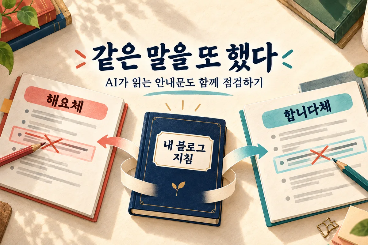 해요체와 합니다체 안내문 사이에 내 블로그 지침 책을 놓고 연결한 책상 삽화