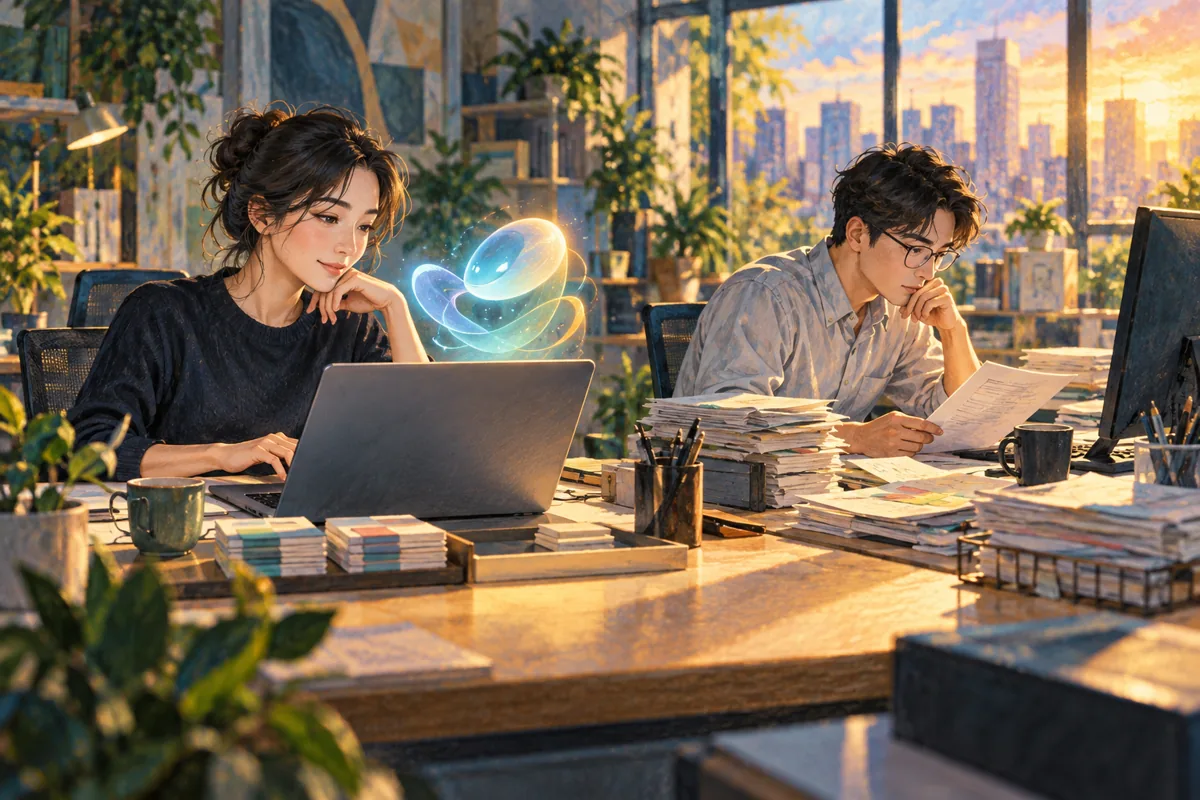 AI 도구를 활용하는 사람과 종이 자료를 살피는 사람의 작업 속도 차이를 표현한 삽화 (AI로 만든 설명용 삽화)