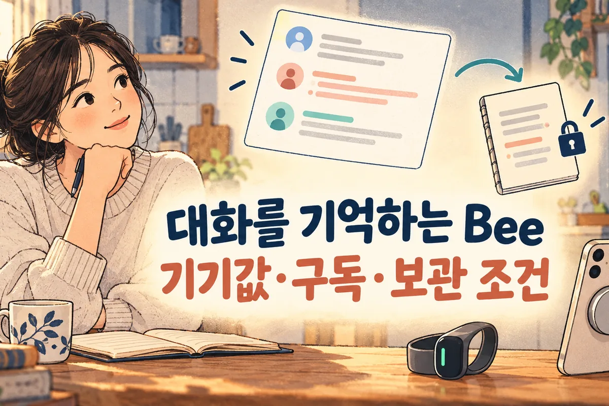 손목형 기기와 휴대폰 부착형 기기 옆에서 대화 요약과 잠금 문서를 살펴보는 사람을 그린 일러스트