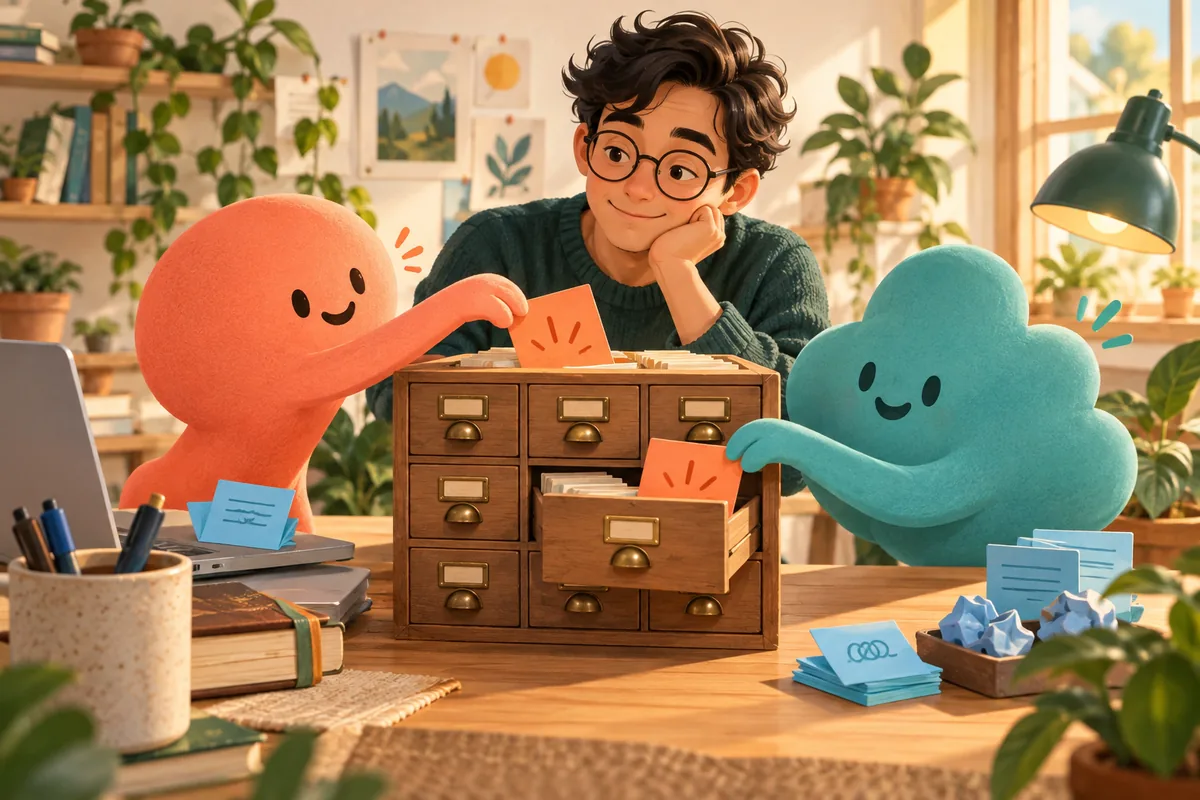 두 코딩 도우미가 개발자의 책상에서 하나의 나무 보관함에 결정 메모를 넣고 다시 꺼내는 일러스트