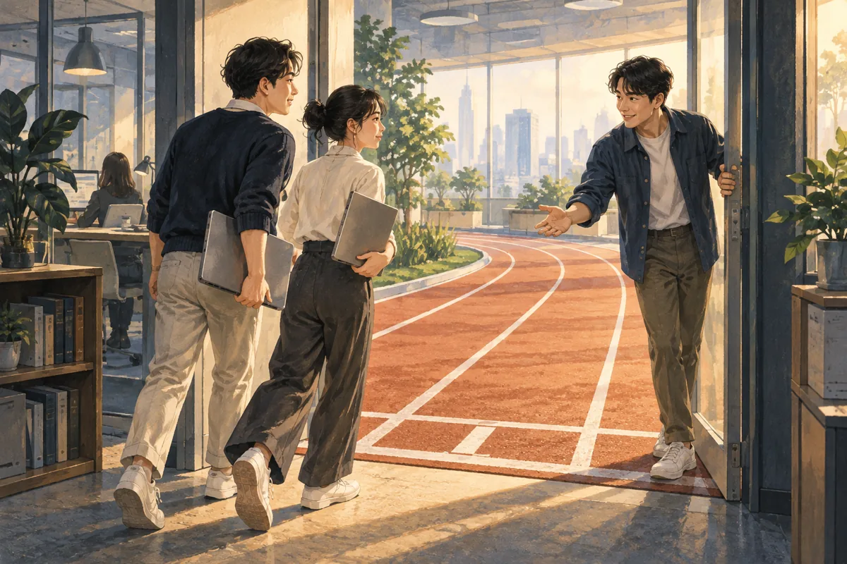회사 사무실 문을 열고 출발선으로 나서는 동료들을 돕는 모습을 그린 삽화 (AI로 만든 설명용 삽화)
