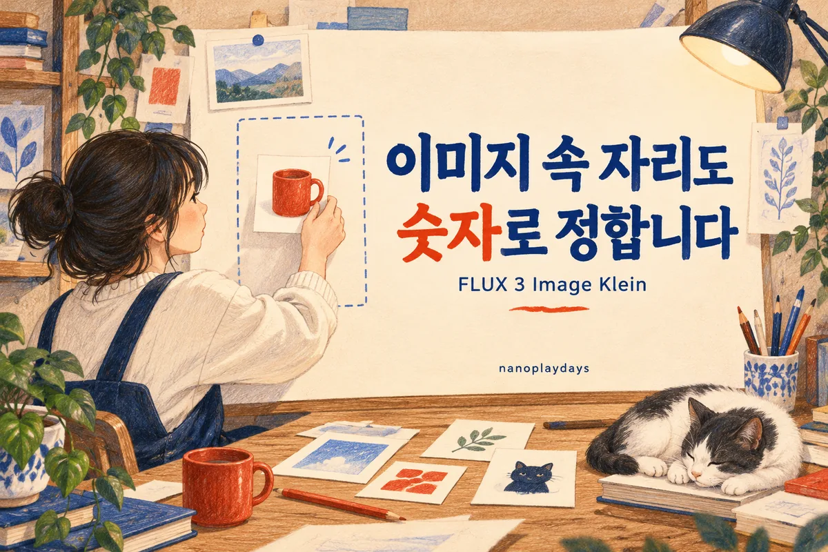 빨간 머그컵을 왼쪽 영역에 놓고 오른쪽에 여백을 남기는 구도를 설계하는 사람을 그린 일러스트