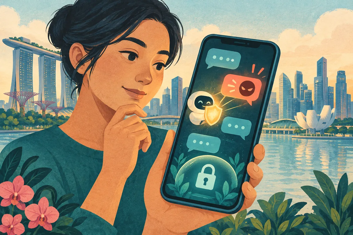 휴대전화를 든 사람과 기기 안에서 의심스러운 대화 말풍선을 살피는 방패, 뒤편의 싱가포르 도시를 표현한 일러스트