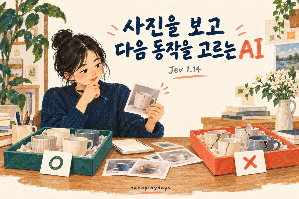 금 간 컵 사진을 살펴보며 멀쩡한 컵과 금 간 컵을 나눠 놓은 작업자의 일러스트