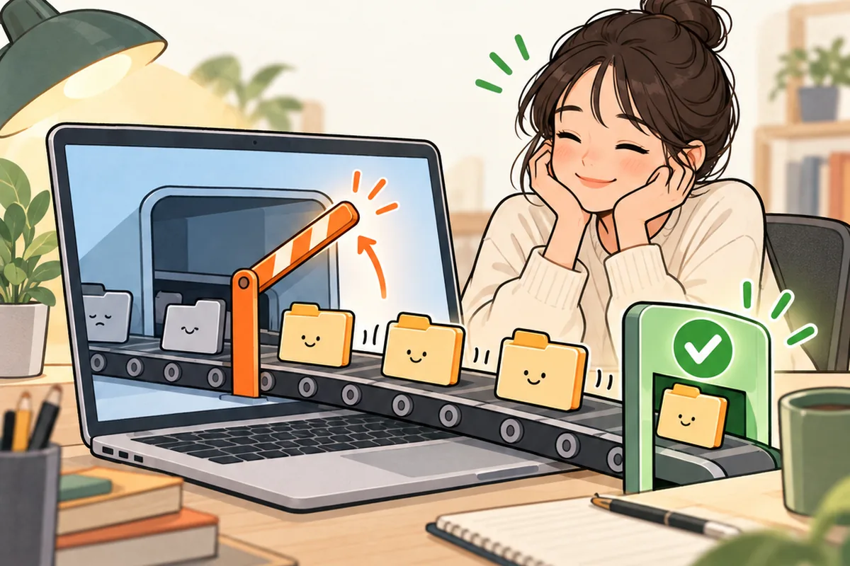 노트북의 작업 폴더 컨베이어에서 막대가 올라가고 작업이 다시 흐르는 개념 그림