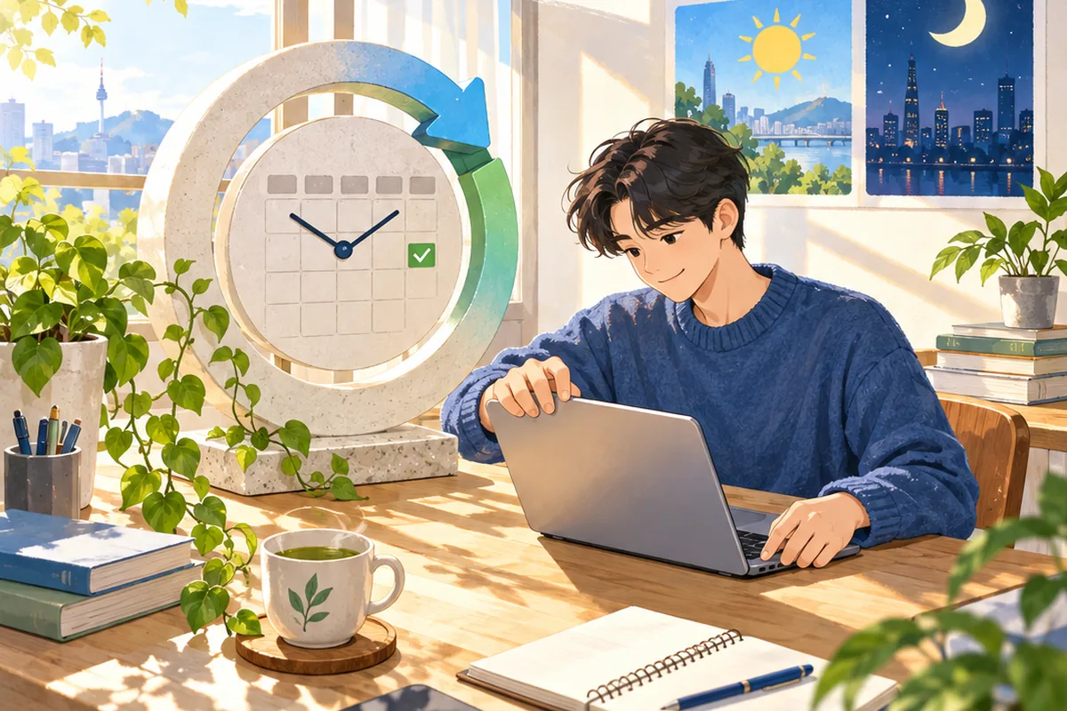 주말 아침 노트북을 여는 사용자와 순환 화살표·달력 시계로 표현한 리셋 개념 그림