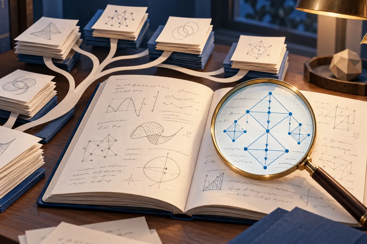 여러 묶음으로 갈라지는 수학 원고와 열린 노트 위 증명 구조를 확대하는 돋보기의 개념 일러스트