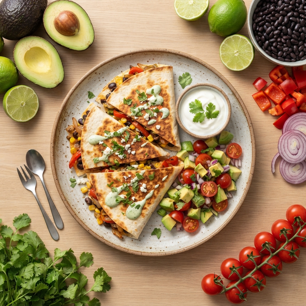 Schwarze Bohnen und Gemüse Quesadillas mit Tomaten und Avocado Salsa