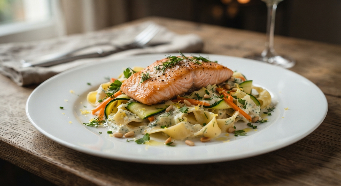 Lachs-Nudeln mit Zucchini, Karotten und Frischkäse-Soße