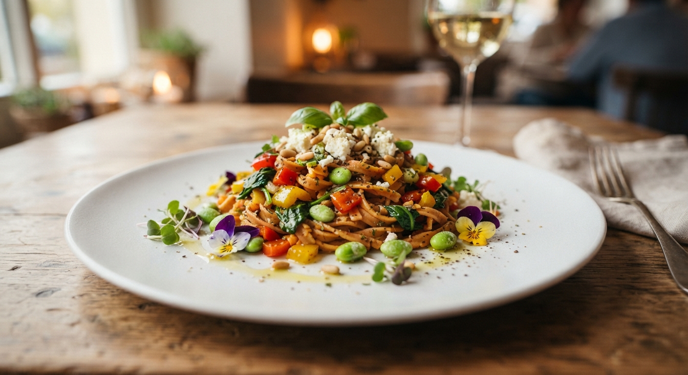 Linsennudeln mit Paprika, Spinat und Feta