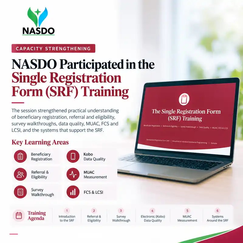 On 16 September 2026, Nolol Awareness & Social Development Organization (NASDO) participated in the Single Registration Form (SRF) Training, strengthening practical knowledge on standardized beneficiary registration and humanitarian data management.