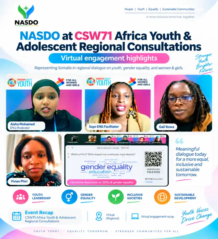 NASDO was pleased to represent Somalia in the CSW71 Africa Youth & Adolescent Regional Consultations, engaging in regional dialogue on youth priorities, gender equality, education, and sustainable development.