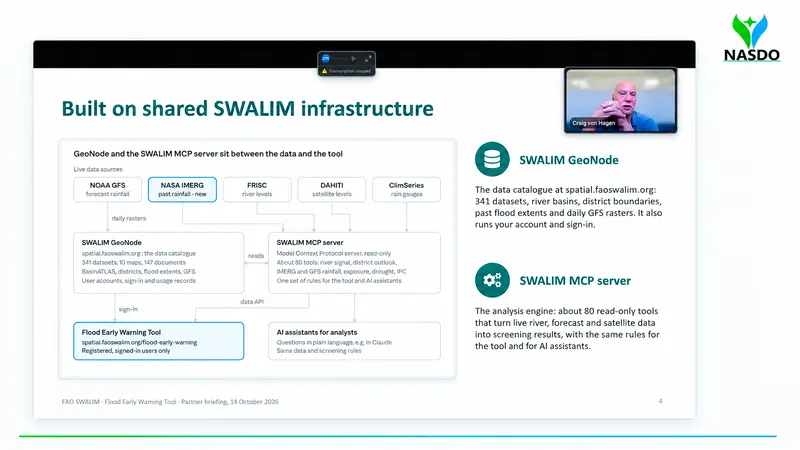 Today, 14 October 2026, NASDO participated in a technical webinar hosted by FAO Somalia SWALIM Programme, focusing on the Flood Early Warning Tool and its role in strengthening flood monitoring and preparedness across Somalia.