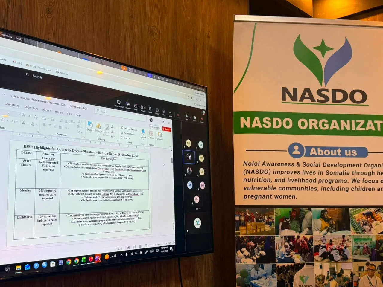 NASDO participated in the Banadir Sub-National Health Cluster meeting, joining the September 2026 Monthly Epidemiological Update and El Niño discussions led by the Banadir Regional Administration’s Directorate of Health & Human Services. — media 2