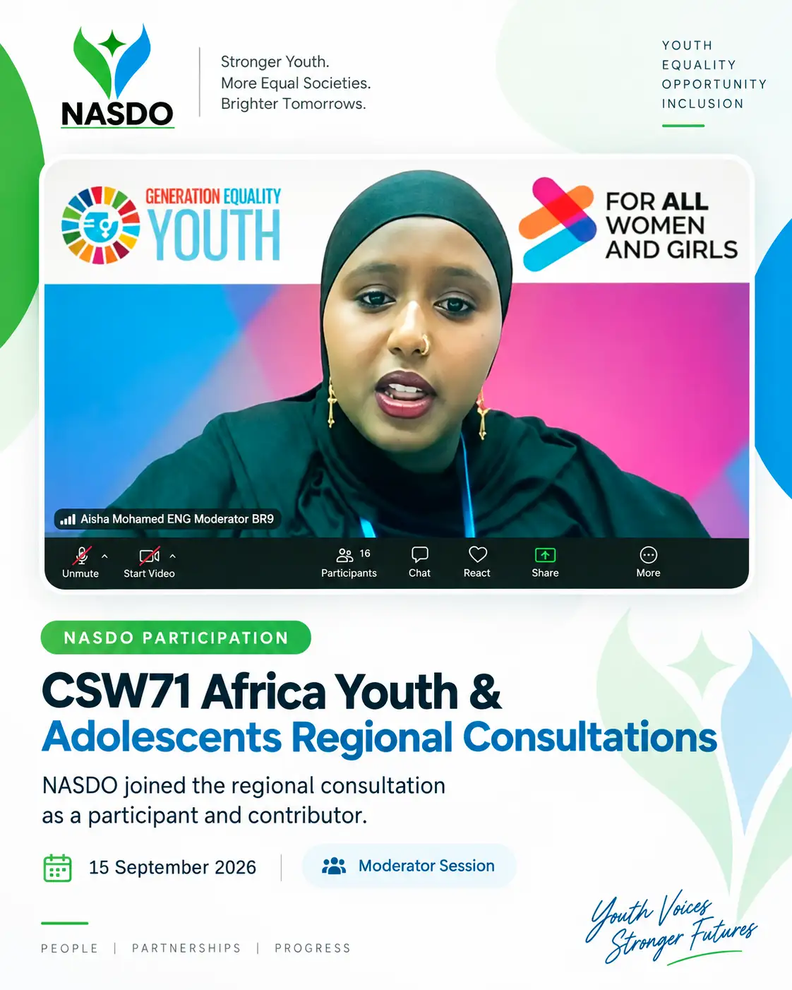 NASDO was pleased to represent Somalia in the CSW71 Africa Youth & Adolescent Regional Consultations, engaging in regional dialogue on youth priorities, gender equality, education, and sustainable development. — media 2