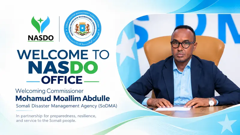 Mr. Mohamud Moallim Abdulle, Commisioner of SODMA Somalia, is being warmly welcomed to the NASDO Organization office today.