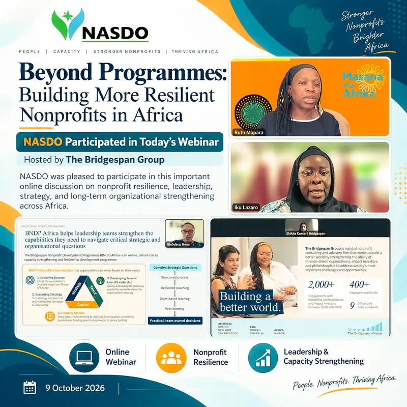Today, NASDO had the pleasure of participating in “Beyond Programmes: Building More Resilient Nonprofits in Africa,” a live webinar hosted by The Bridgespan Group.