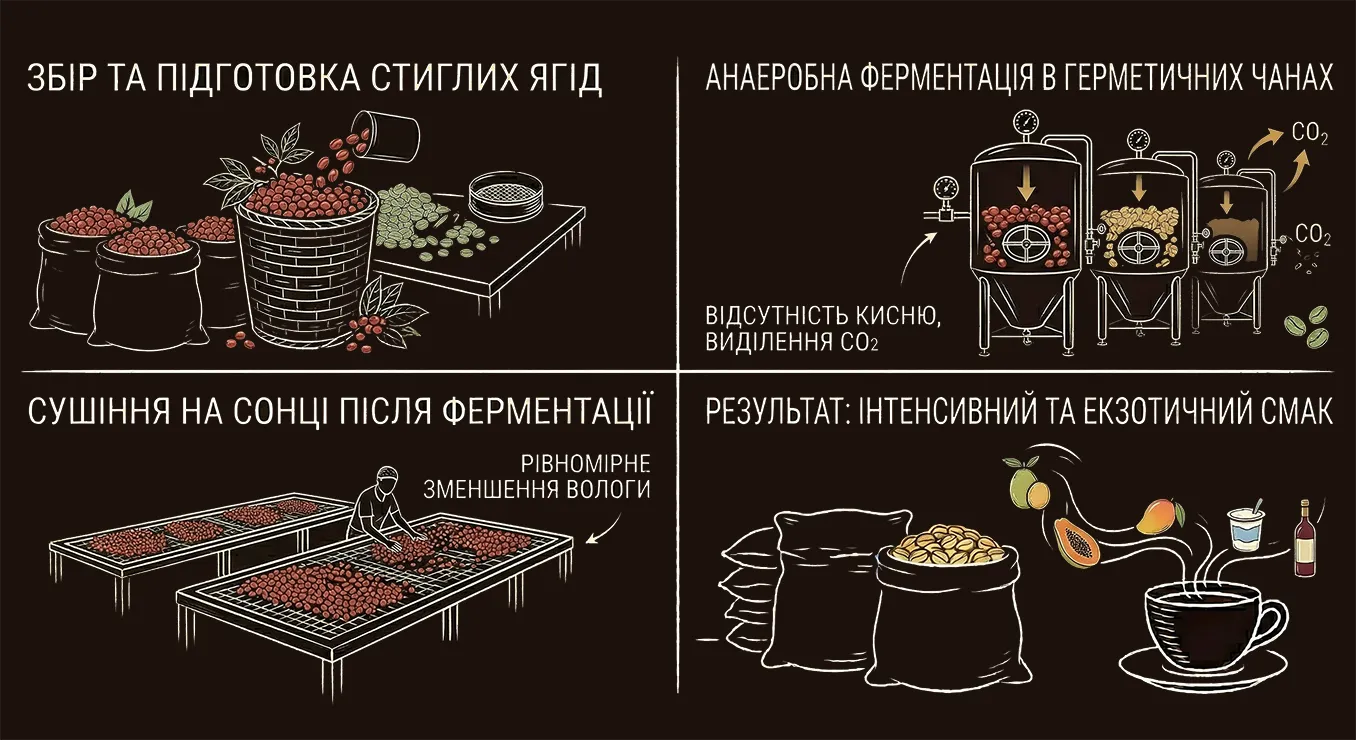 Збір і підготовка стиглих ягід, анаеробна ферментація, сушіння на сонці