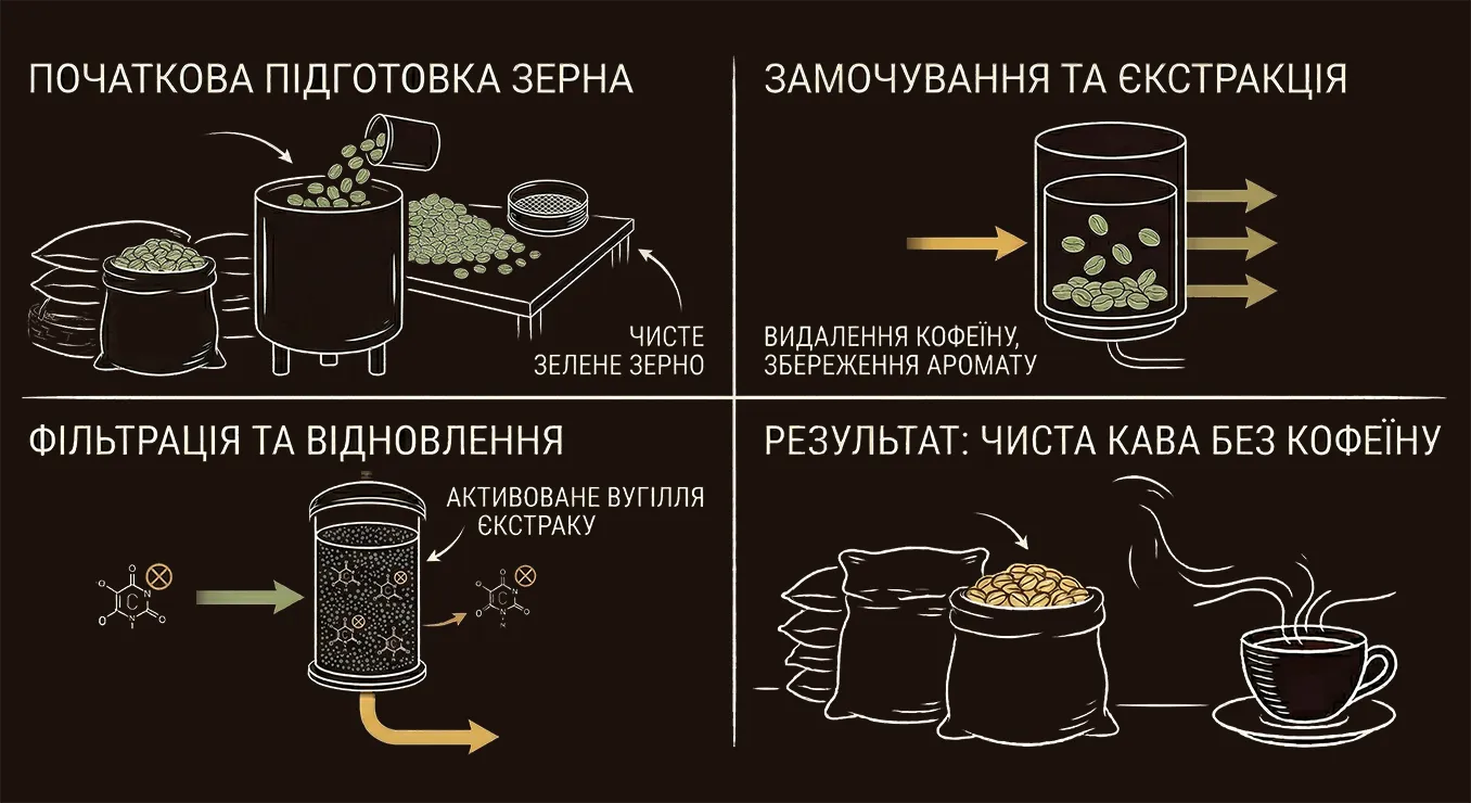 Підготовка кавового зерна, замочування та екстракція, фільтрація та відновлення