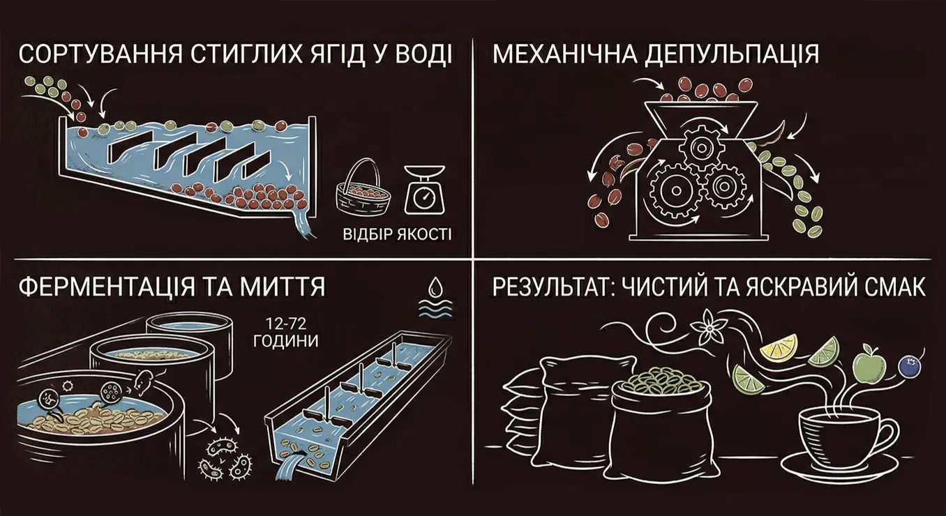 Сортування стиглих ягід у воді, механічна депульпація, ферментація та митті