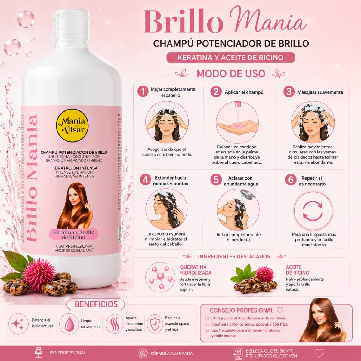 Champú Hidratación Brillo Mania con Aceite de ricino y keratina 1000ml — Detalle 3 Mania de Alisar
