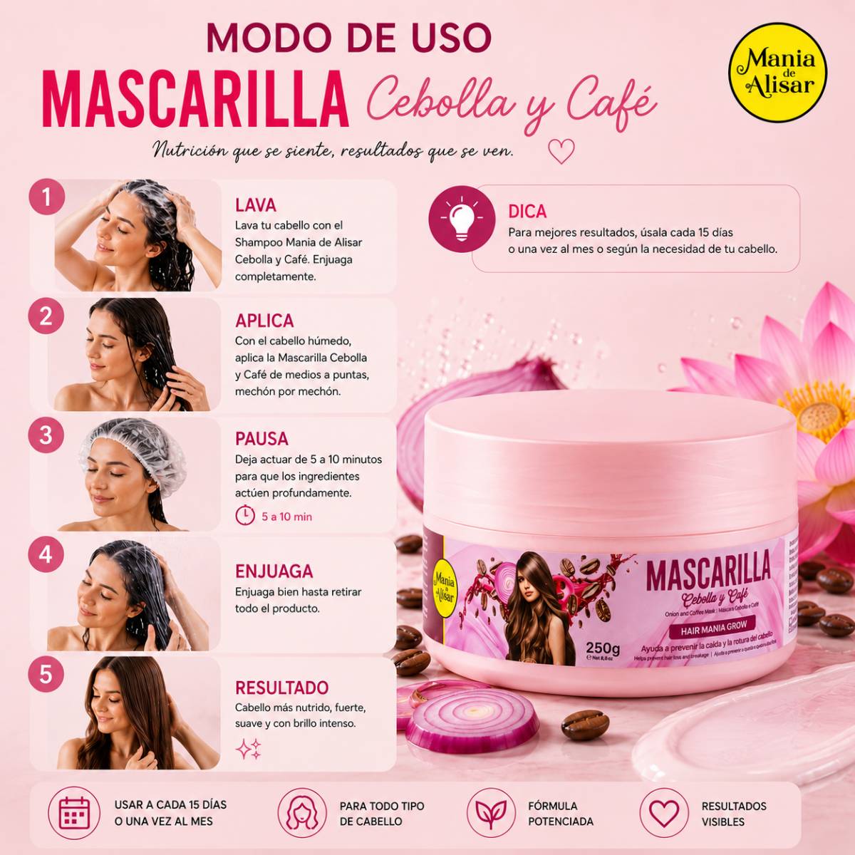 Máscara Cebolla & Café Sin Sal previene la Caída y Crecimiento del Pelo 250g — Detalle 4 Mania de Alisar