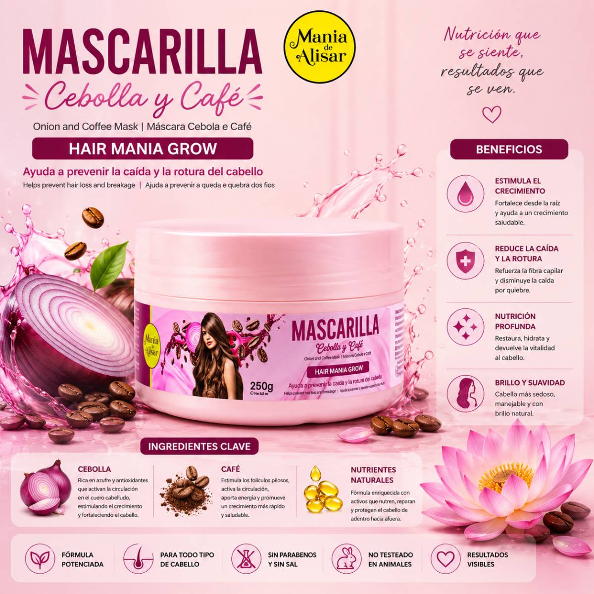 Máscara Cebolla & Café Sin Sal previene la Caída y Crecimiento del Pelo 250g — Detalle 2 Mania de Alisar