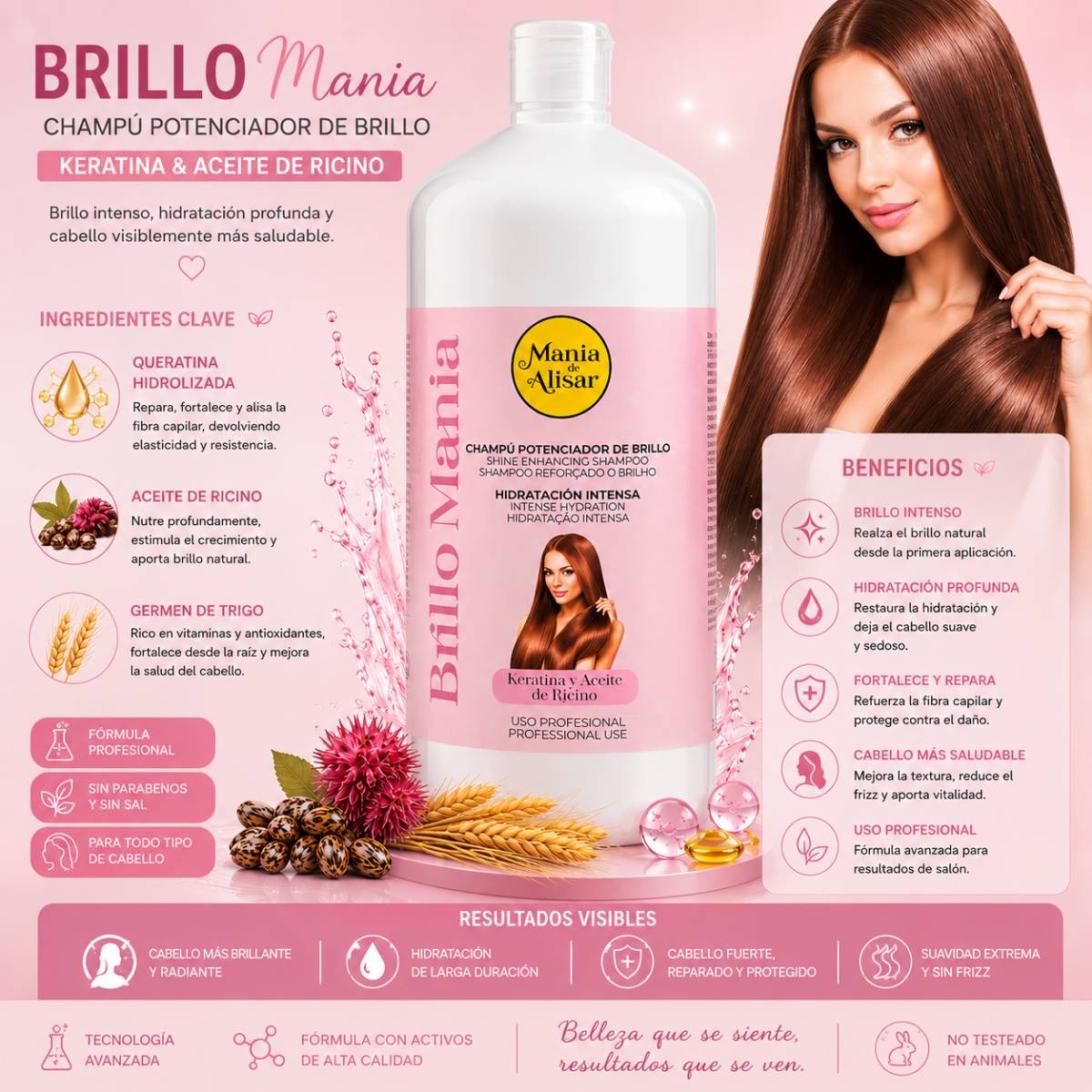 Champú Hidratación Brillo Mania con Aceite de ricino y keratina 1000ml — Detalle 2 Mania de Alisar