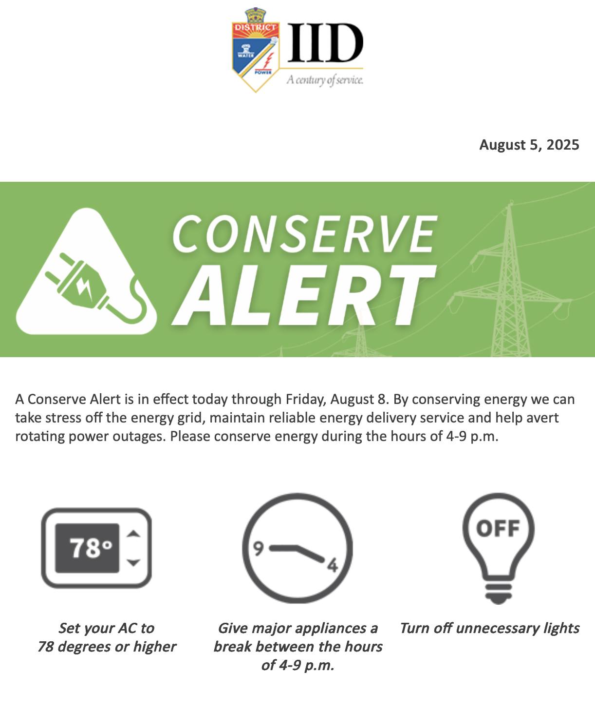 Imperial Irrigation District Issues Energy Conservation Alert Through Friday