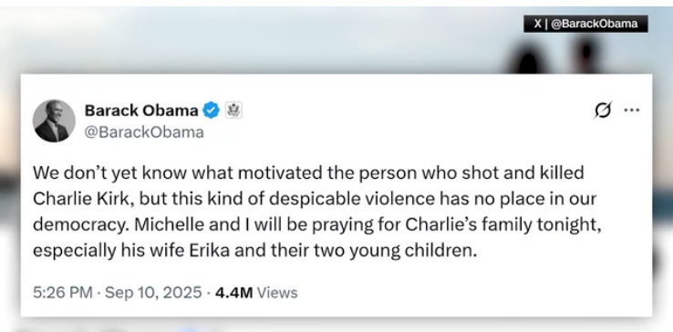 Obama Condemns Violence, Offers Prayers to Charlie Kirk’s Family After Utah Shooting