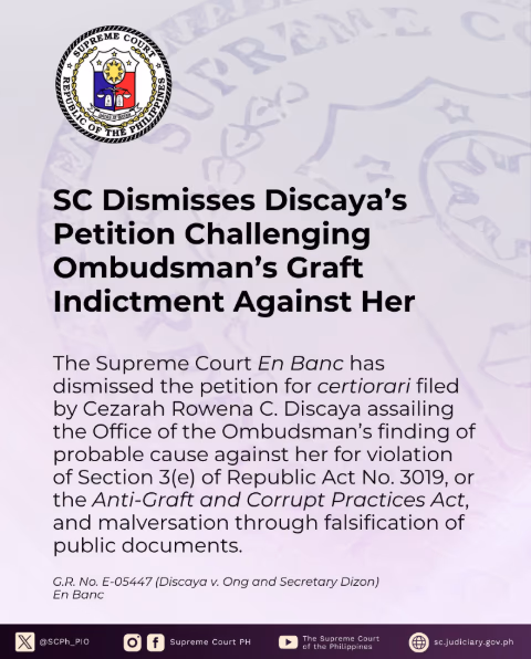 SC Dismisses Discaya's Petition Challenging Ombudsman's Graft Indictment Against Her