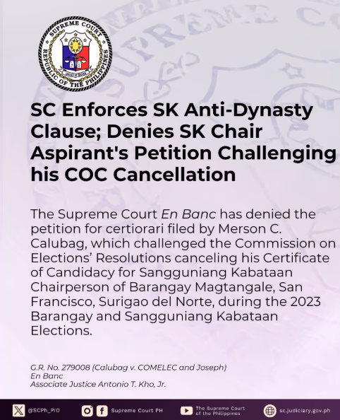 SC Enforces SK Anti-Dynasty Clause; Denies SK Chair Aspirant's Petition Challenging his COC Cancellation
